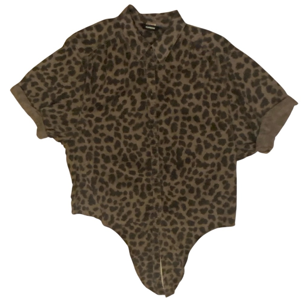 Express Black & Brown Leopard Print Short Sleeve Front Tie Top Small